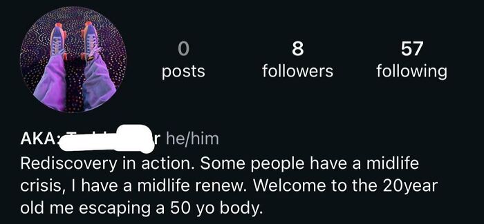A social media profile with a bio describing a "midlife renew" and escaping a "50 yo body." Cringey parents.