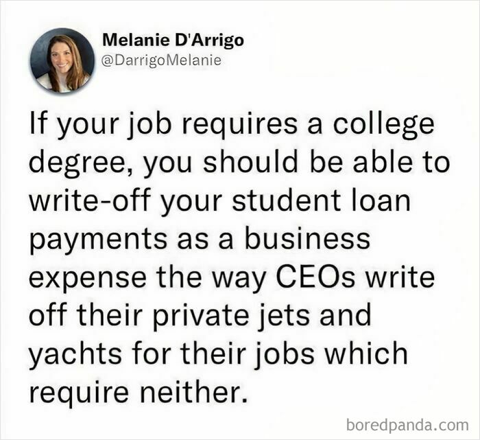 Post about life in America discussing student loan payments and business expenses related to jobs requiring a college degree