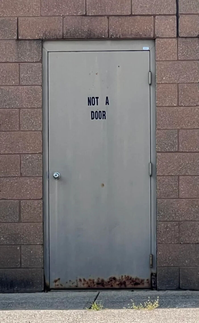 Gray metal door with the text not a door on a brick wall, a confusing and funny sign about there are bees.