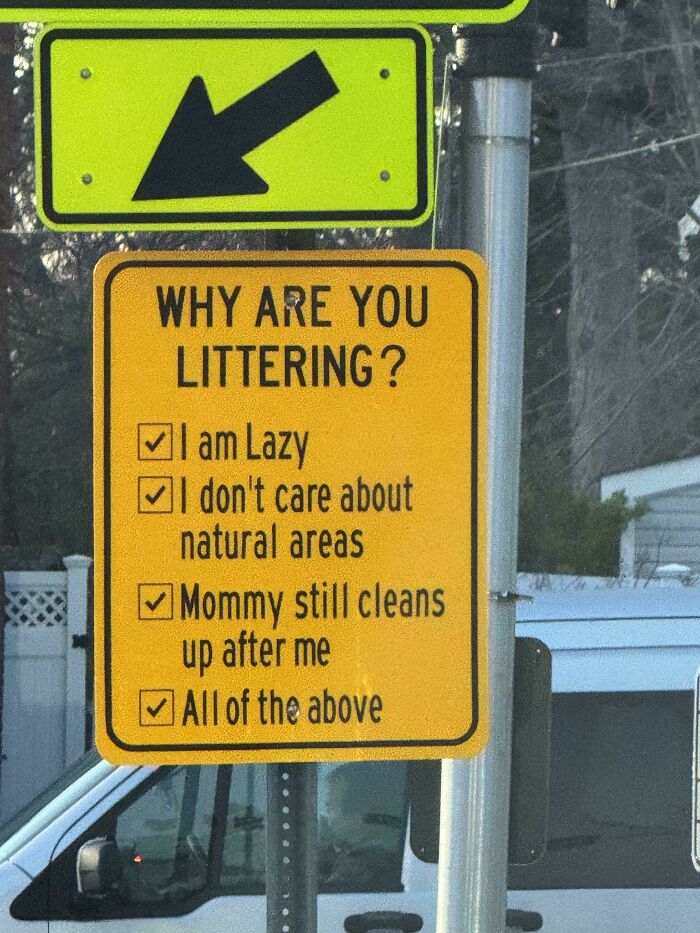 Funny confusing street sign listing reasons for littering with boxes checked, highlighting humor in public signage.