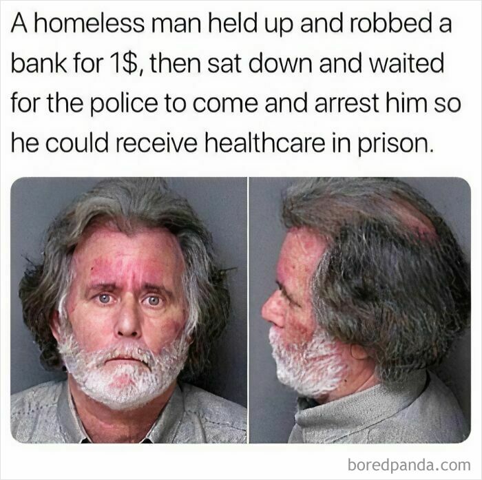 Mugshot of a homeless man who robbed a bank for healthcare, highlighting life in America social issues.