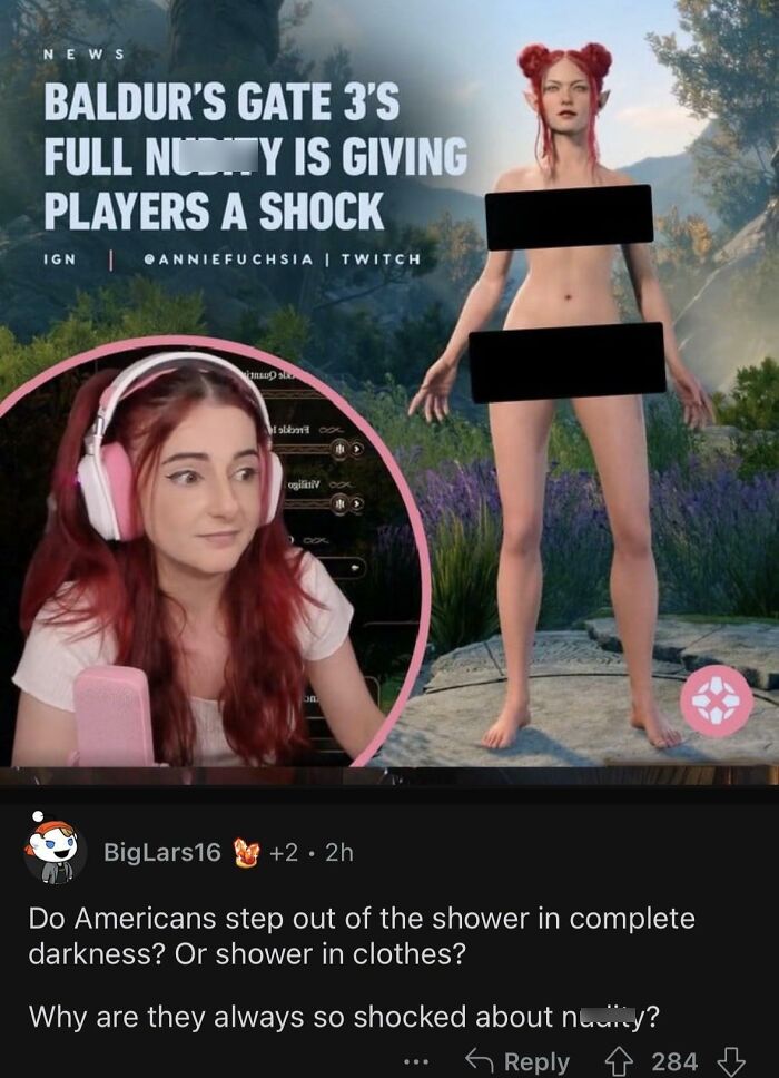 Streamer reacting to Baldur’s Gate 3 full nudity feature, highlighting cultural shock about life in America.