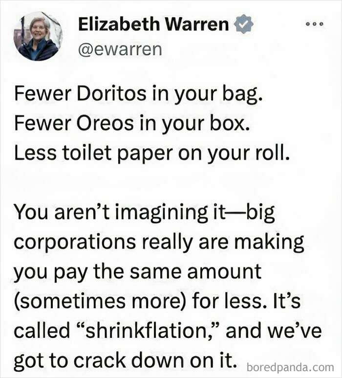 Tweet about shrinkflation from Elizabeth Warren highlighting rising costs and challenges of life in America today.