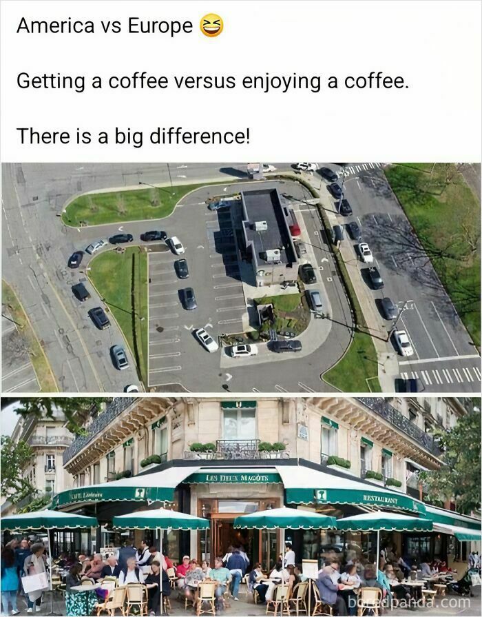 Aerial view of drive-thru coffee line in America versus outdoor café seating in Europe showing life in America differences.