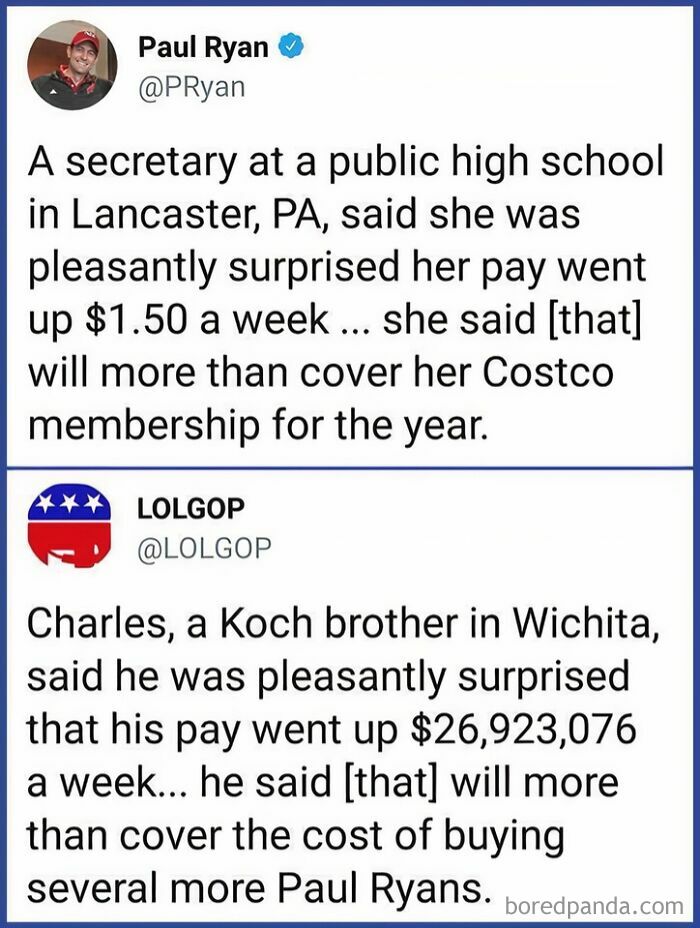 Tweets contrasting pay increases of a public school secretary and a Koch brother, highlighting life in America income disparity.