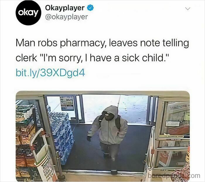 Surveillance image of a masked man entering pharmacy during robbery, highlighting life in America challenges.