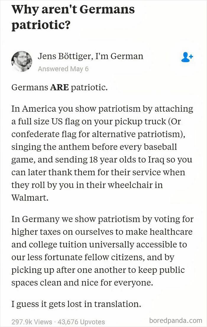Text post comparing patriotism in America and Germany, discussing life in America and cultural attitudes on patriotism.