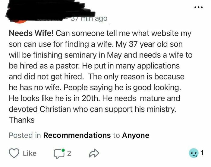 A social media post from a cringey parent seeking a wife for their 37-year-old son to help him get hired as a pastor.