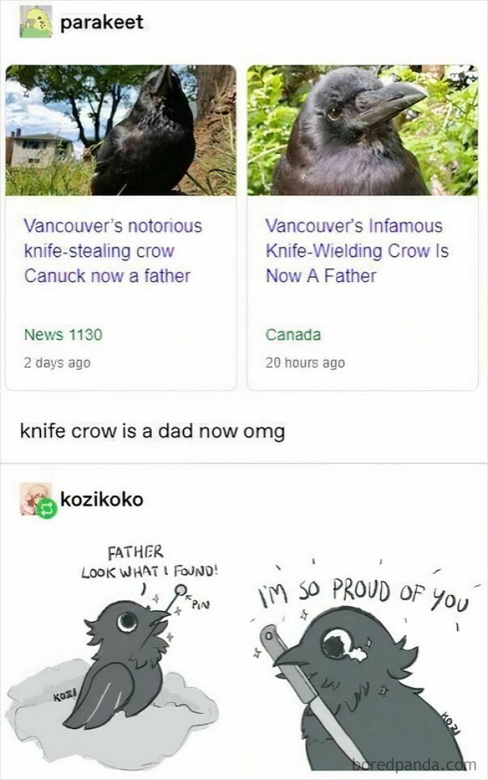 Funny Tumblr artist drawing of a knife-wielding crow becoming a father, showcasing creative internet art humor.