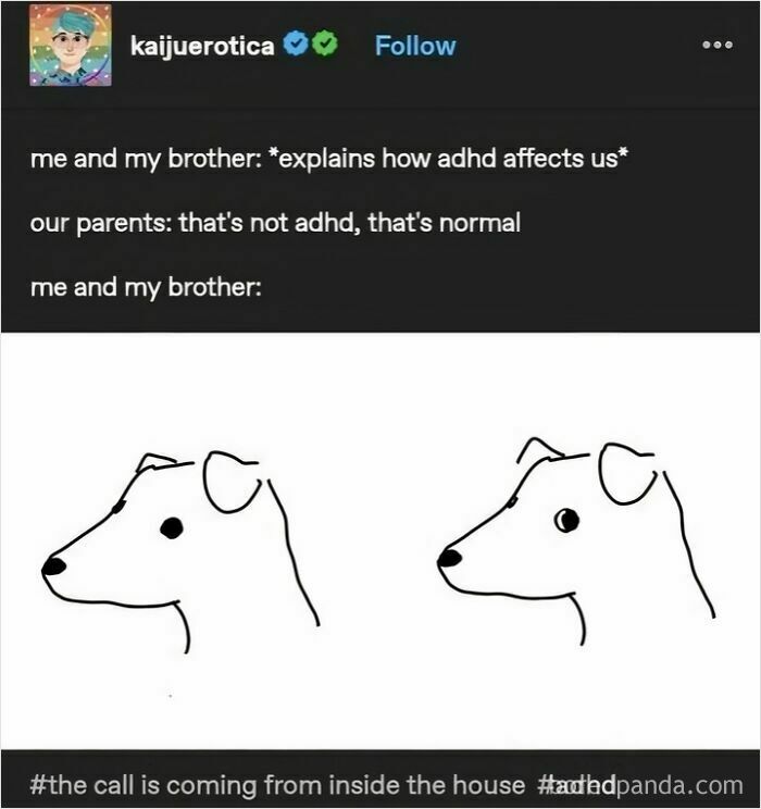 Tumblr artist post humorously illustrating ADHD experiences with simple dog drawings, reflecting creative internet art.