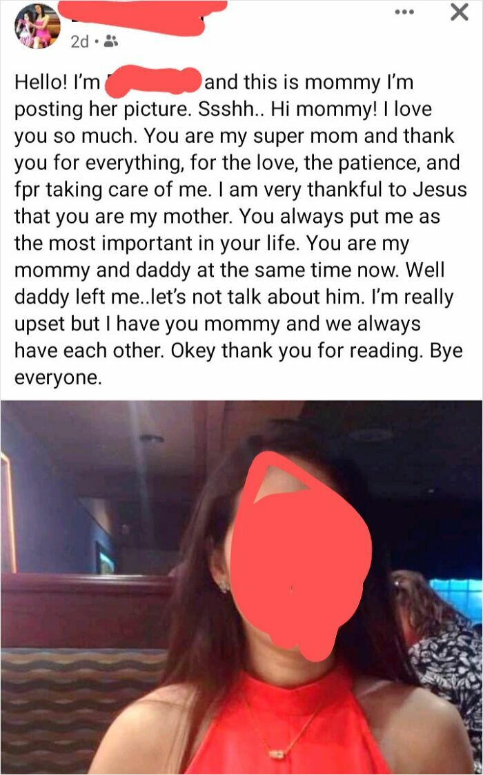 A cringey parent's social media post, praising her mom, with a blurred photo below.