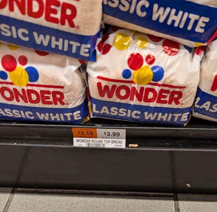 Wonder bread loaves on a store shelf with price tags highlighting rising food costs in the dystopian United States.
