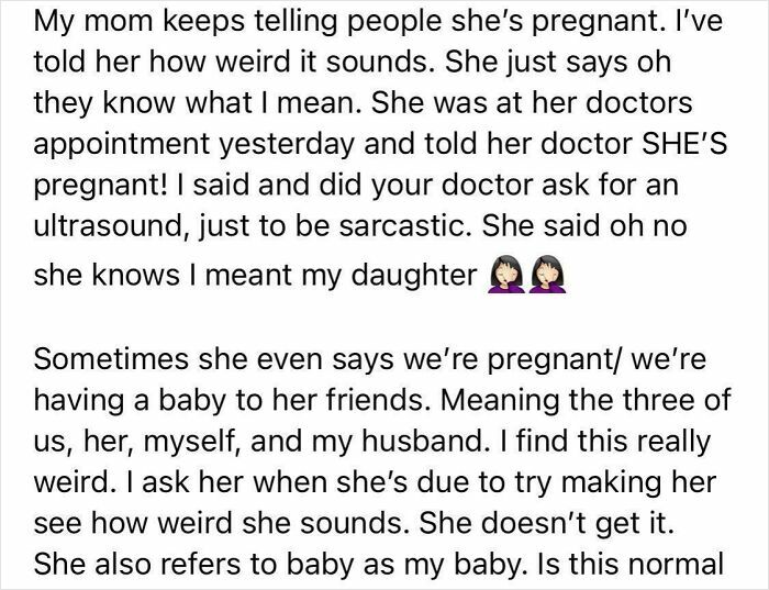 A cringey parent's story about a mom claiming to be pregnant, referring to her daughter's pregnancy.