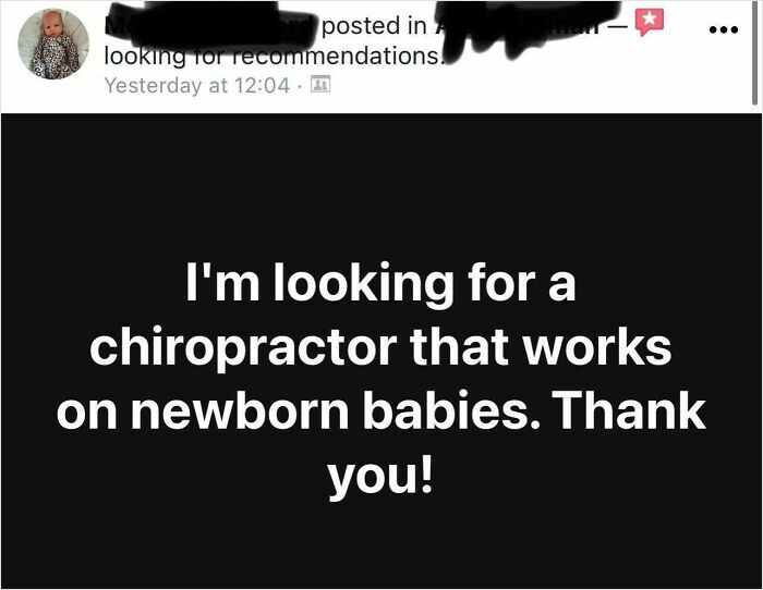 A cringey parent's social media post asking for a chiropractor for newborn babies, stirring debate about parental decisions.