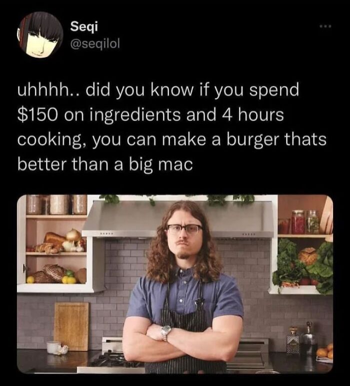 Man with long hair and glasses in a kitchen sharing a restaurant worker joke about cooking and ingredients secrets from Kitchen Confidential.