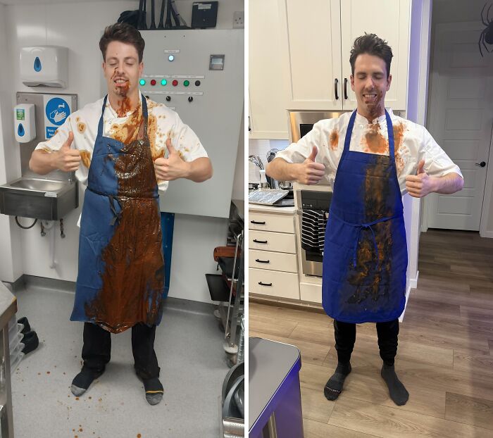 Restaurant worker wearing a stained apron giving thumbs up in kitchen, revealing industry secrets and funny moments.