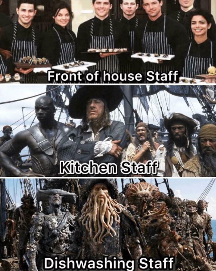 Restaurant workers humor showing front of house, kitchen, and dishwashing staff in a humorous kitchen confidential style.