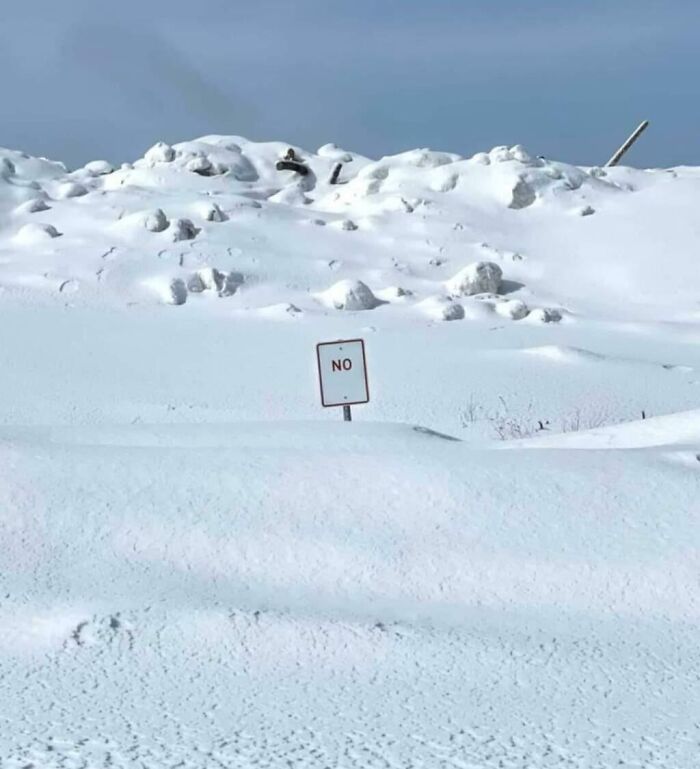 Confusing and funny sign saying no standing alone in a snowy landscape with snow-covered hills in the background.