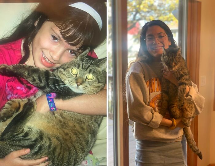 A young girl and her grown-up owner pose with their beloved tabby cat, showcasing precious photos of pets who have grown up alongside their owners.