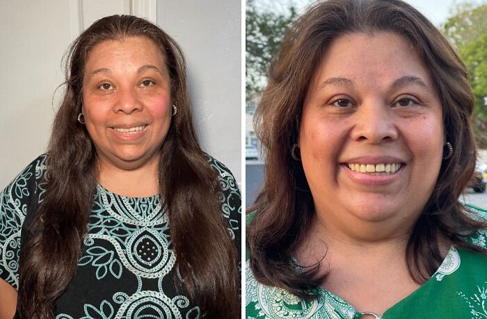 Before and after haircut transformation of a smiling woman with long hair styled into a shorter, layered look.