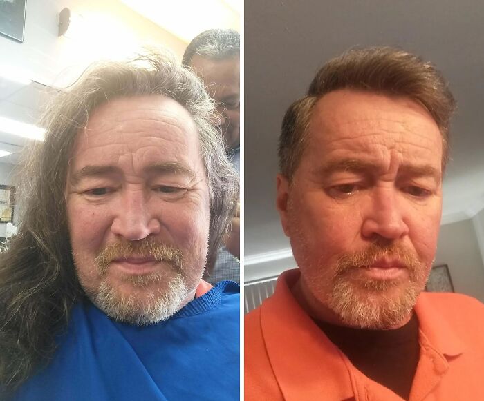 Before and after photos showing the powerful transformation of a man’s haircut and grooming style.