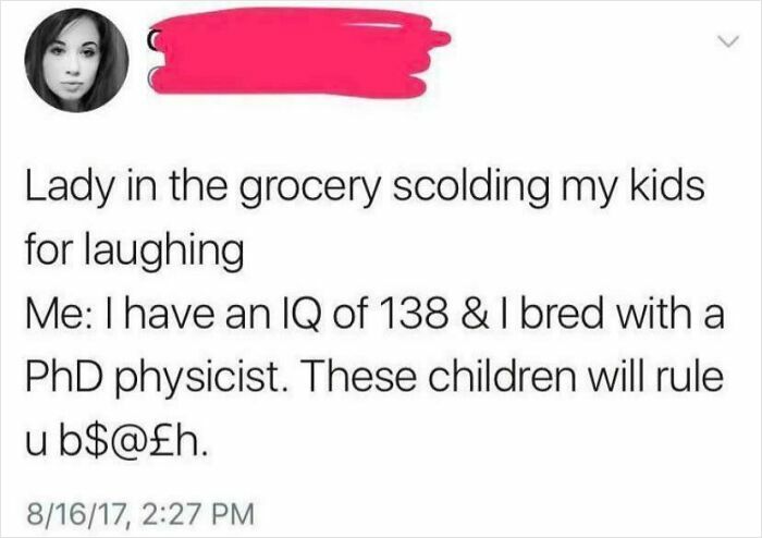 A social media post from an account with a woman's profile picture, showing a cringey parent's remark to a scolding lady.