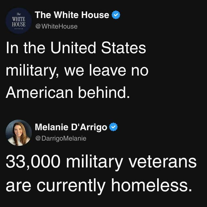 Screenshot of tweets highlighting homelessness among military veterans, reflecting dystopian issues in the United States.