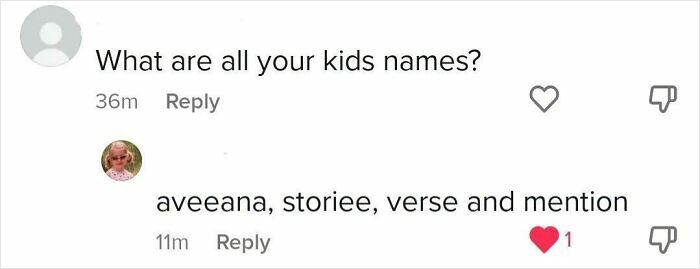 A user asks for kid names, and a parent responds with aveeana, storiee, verse, and mention, highlighting cringey parents.