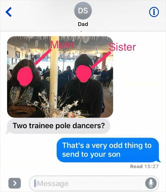 A screenshot of a cringey parents' text message from Dad asking if Mum and Sister are "Two trainee pole dancers?".