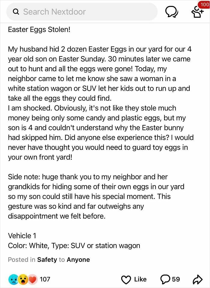 A Nextdoor post, "Easter Eggs Stolen!", details cringey parents letting their kids steal Easter eggs. A neighbor's kindness saves the day.