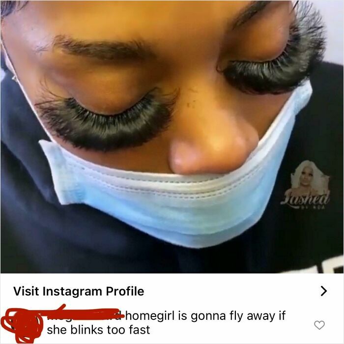 A person with closed eyes and extremely long, thick eyelashes, wearing a medical mask. This image is an epic burn.