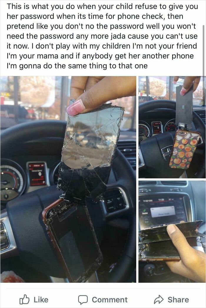 A cringey parent shows a brutally destroyed phone, displaying the results of a childs refusal to share a password.