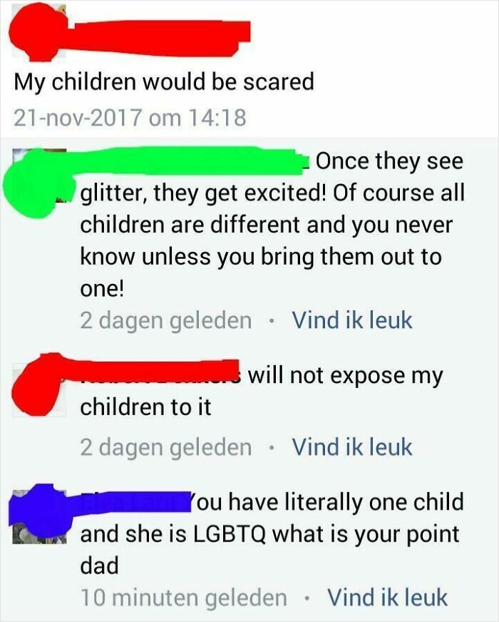 Cringey parents caught in a Facebook comment argument about glitter and LGBTQ children. A prime example of embarrassing parenting.