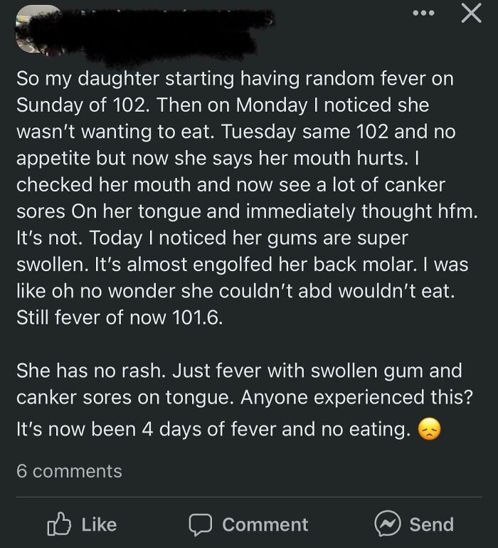 A Facebook post from cringey parents about their daughter's prolonged fever, swollen gums, and canker sores, seeking advice.