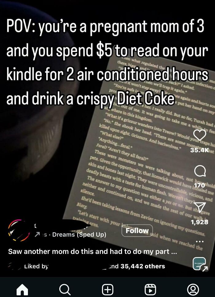 A pregnant mom reading a book on Kindle with a crispy Diet Coke. Relatable cringey parents moment.