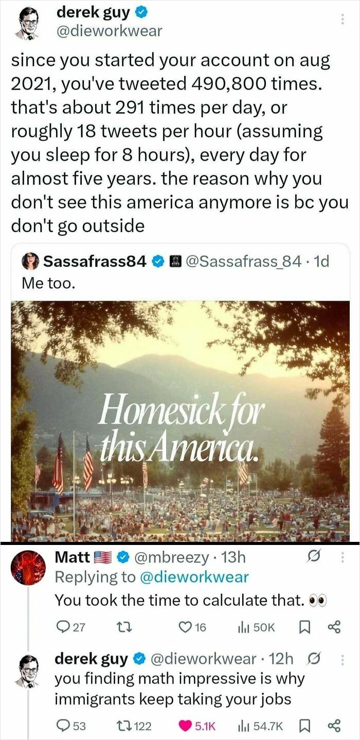 A Twitter thread with epic burns, including a user calculating another's excessive tweet count and a reply that delivers a clever insult about math.