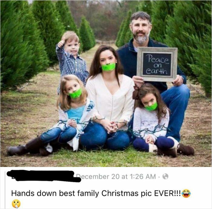 A cringey family Christmas photo with parents and two kids gagged, tied, and one child giving a thumbs up.