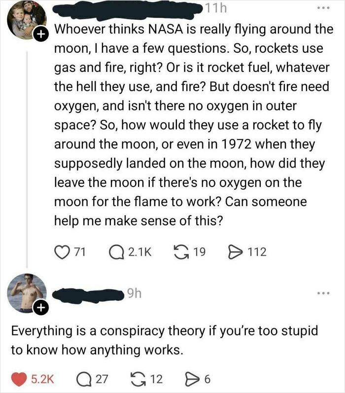 A social media post with a person questioning space travel followed by an epic burn as a reply.
