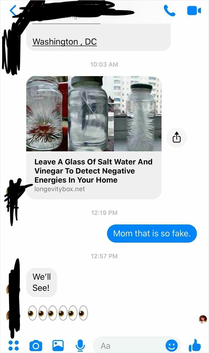 A cringey parent sends a link about detecting negative energies to their child, who calls it fake.