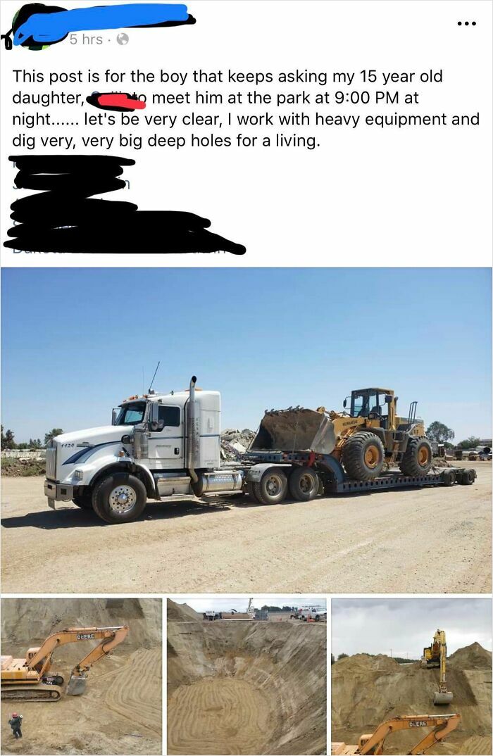 Cringey parents post on social media a semi-truck carrying heavy equipment and images of large dug holes.