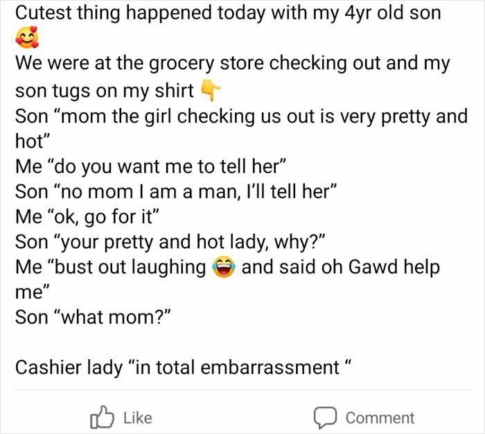 A cringey parents story about a 4-year-old son calling a cashier pretty and hot, leading to embarrassment.