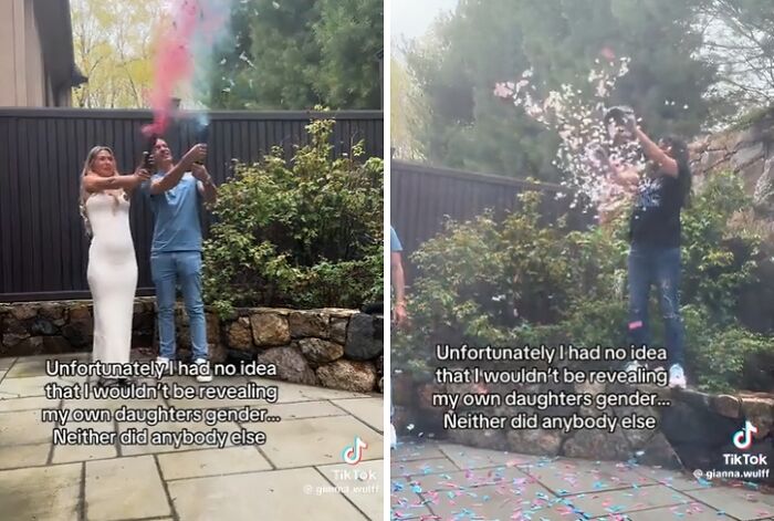 Cringey parents at a gender reveal, confetti cannons misfiring, revealing their daughter's gender in a disappointing way.