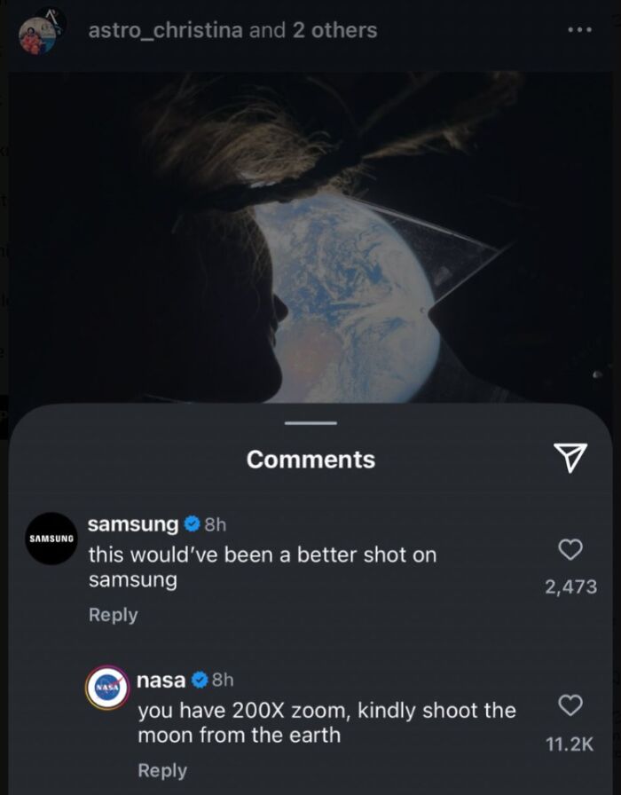 A screenshot showing NASA deliver an epic burn to Samsung in a viral social media comment.