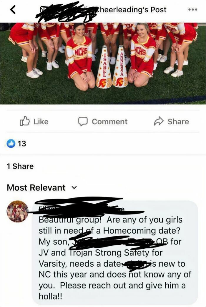 A cringey parent posts a photo of cheerleaders, asking if any need a homecoming date for her son.