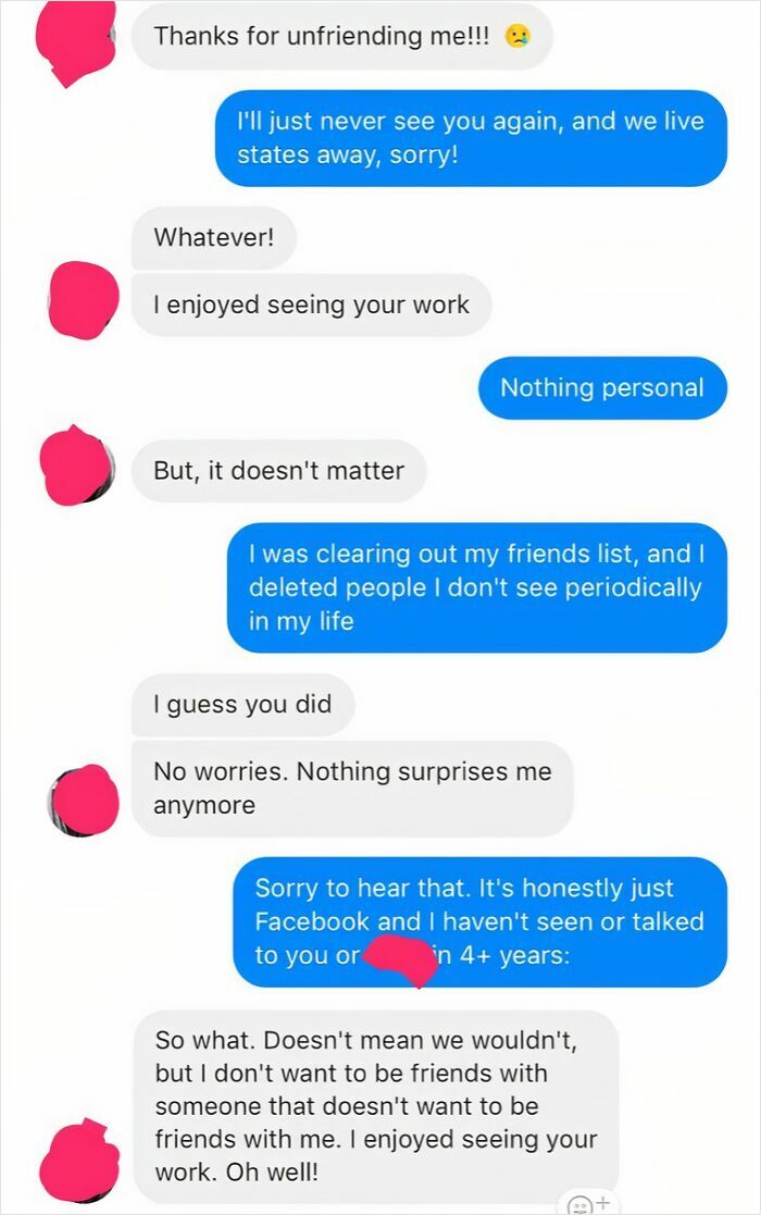 A cringey text exchange about unfriending someone on Facebook after years of no contact. Relatable parenting fails.