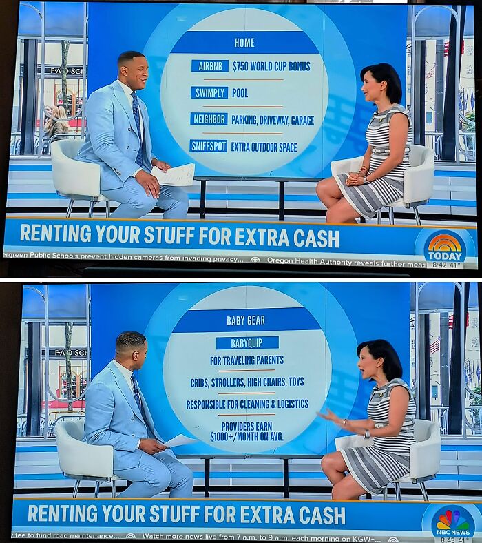 Two TV hosts discuss renting baby gear and home items for extra cash on a daytime news segment about US dystopian trends.