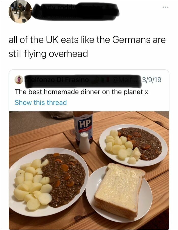 A tweet showcasing a UK meal of mince, potatoes, and buttered toast, sparking an epic burn about eating habits.