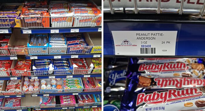 Store shelves stocked with candy bars and packaged snacks reflecting dystopian consumer culture in the United States.