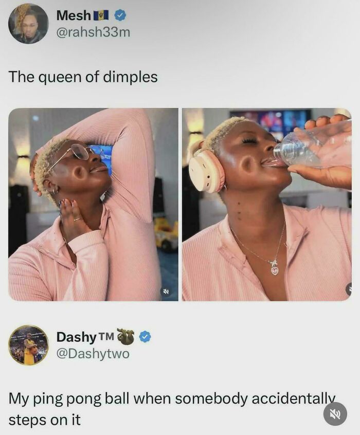 A meme showing a woman with deep dimples, captioned "The queen of dimples," followed by a tweet, "My ping pong ball when somebody accidentally steps on it," highlighting epic burns.