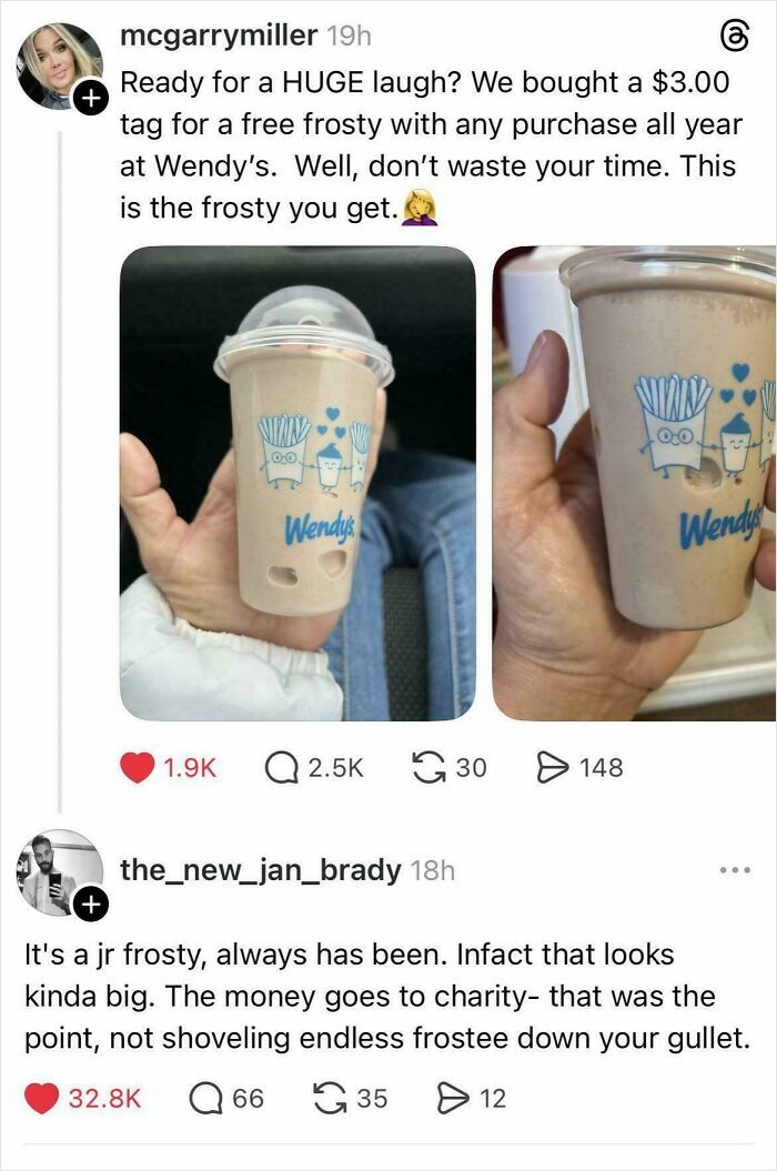 Two images of a tiny Wendy's Frosty, held by a hand. A hilarious insult and epic burn on fast food promotions.